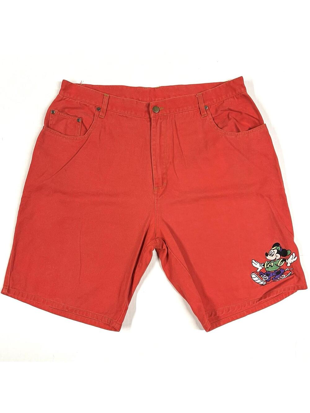 Vintage 90’s Mickey Unlimited Men’s Embroidered Red Denim Hip Hop Shorts Size 40